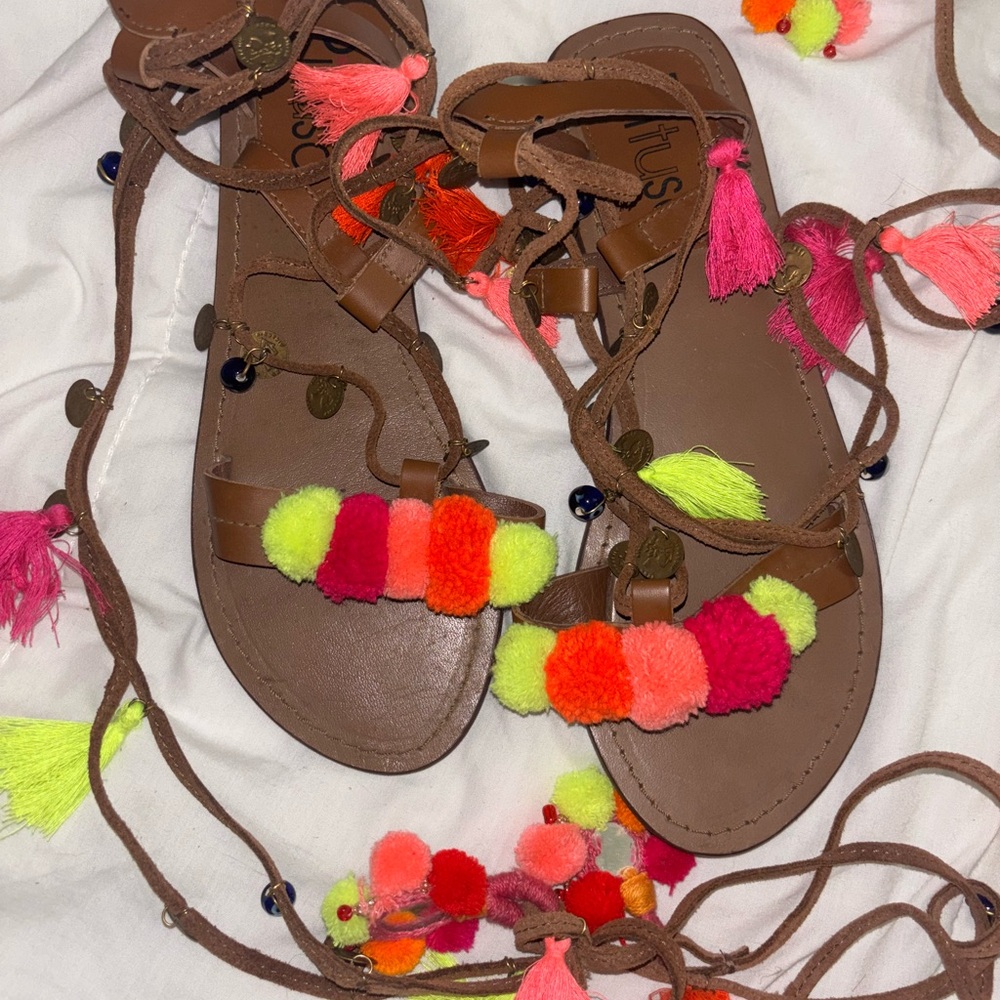 Pitusa Brown Sandals with Colorful Pom Poms